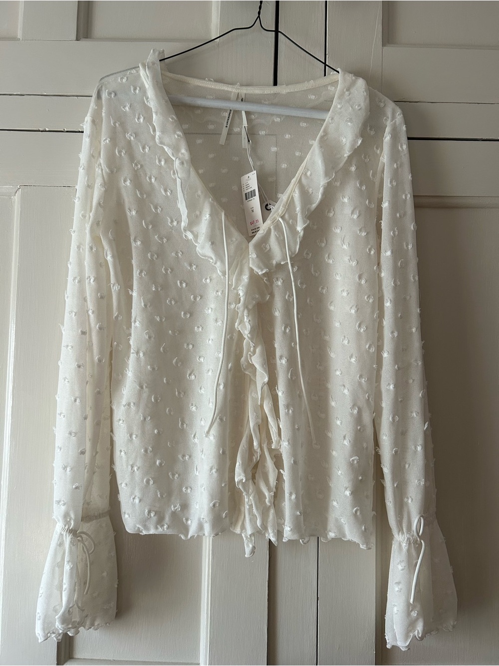 Anthropologie White Ruffled Swiss Dot Long-Sleeve Top
